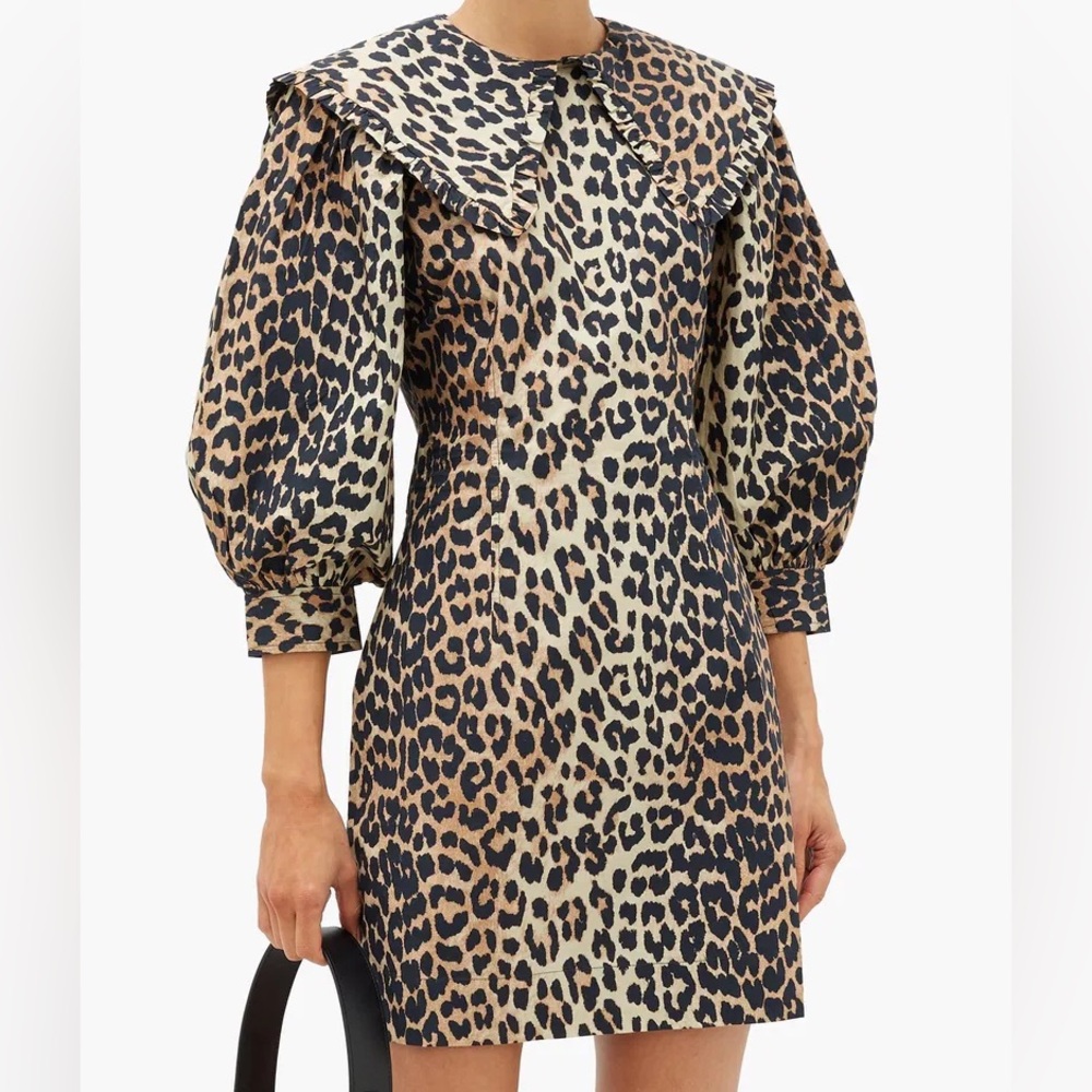 Ganni Black Golden Brown Jacquard Animal Print Collared Puff Sleeve Dress 6 - Picture 9 of 10